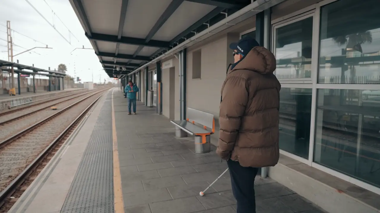 A blind man with White Jacket and a cane waiting on a station platform