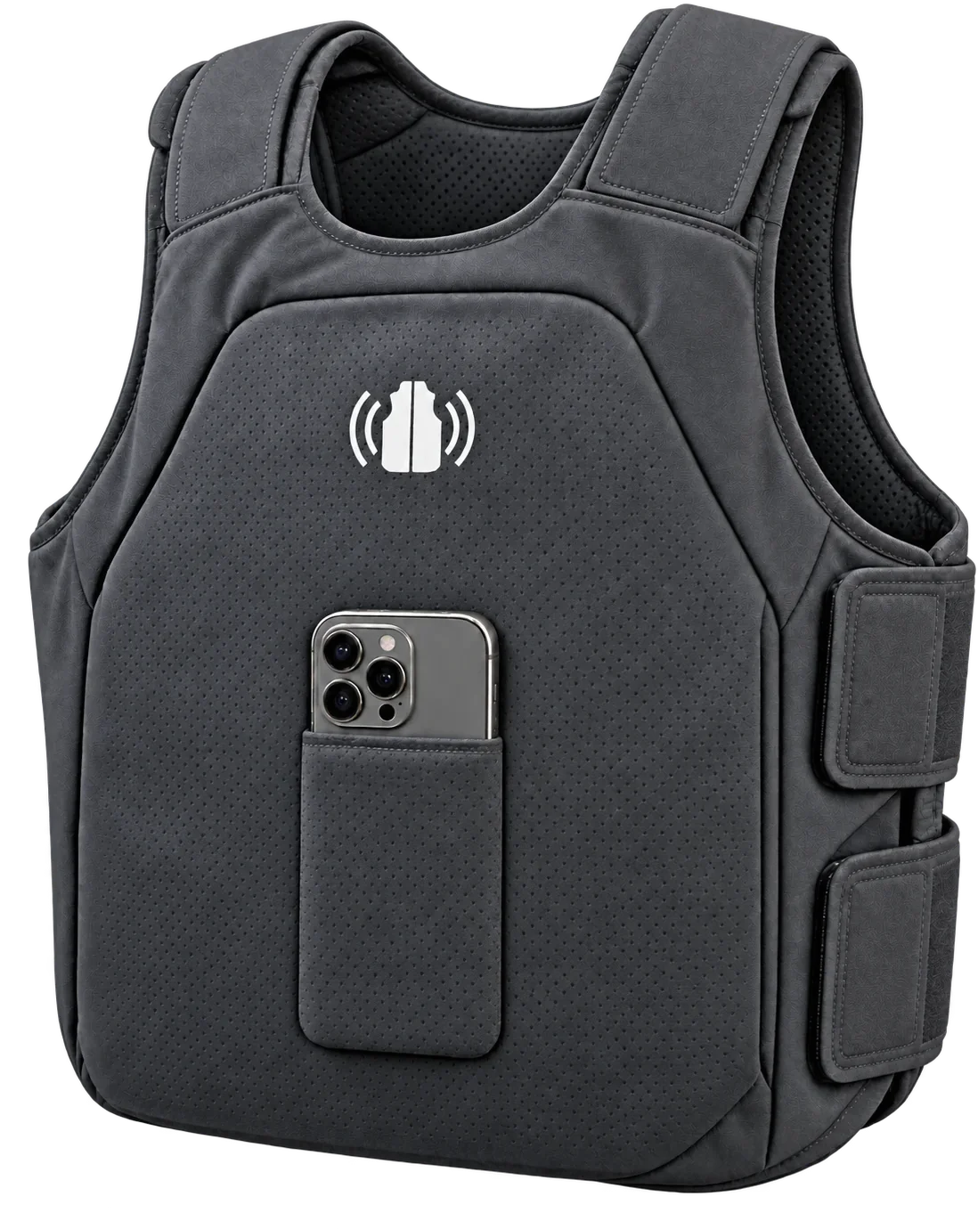 White Jacket: a dark grey haptic vest with a chest pocket holding a phone