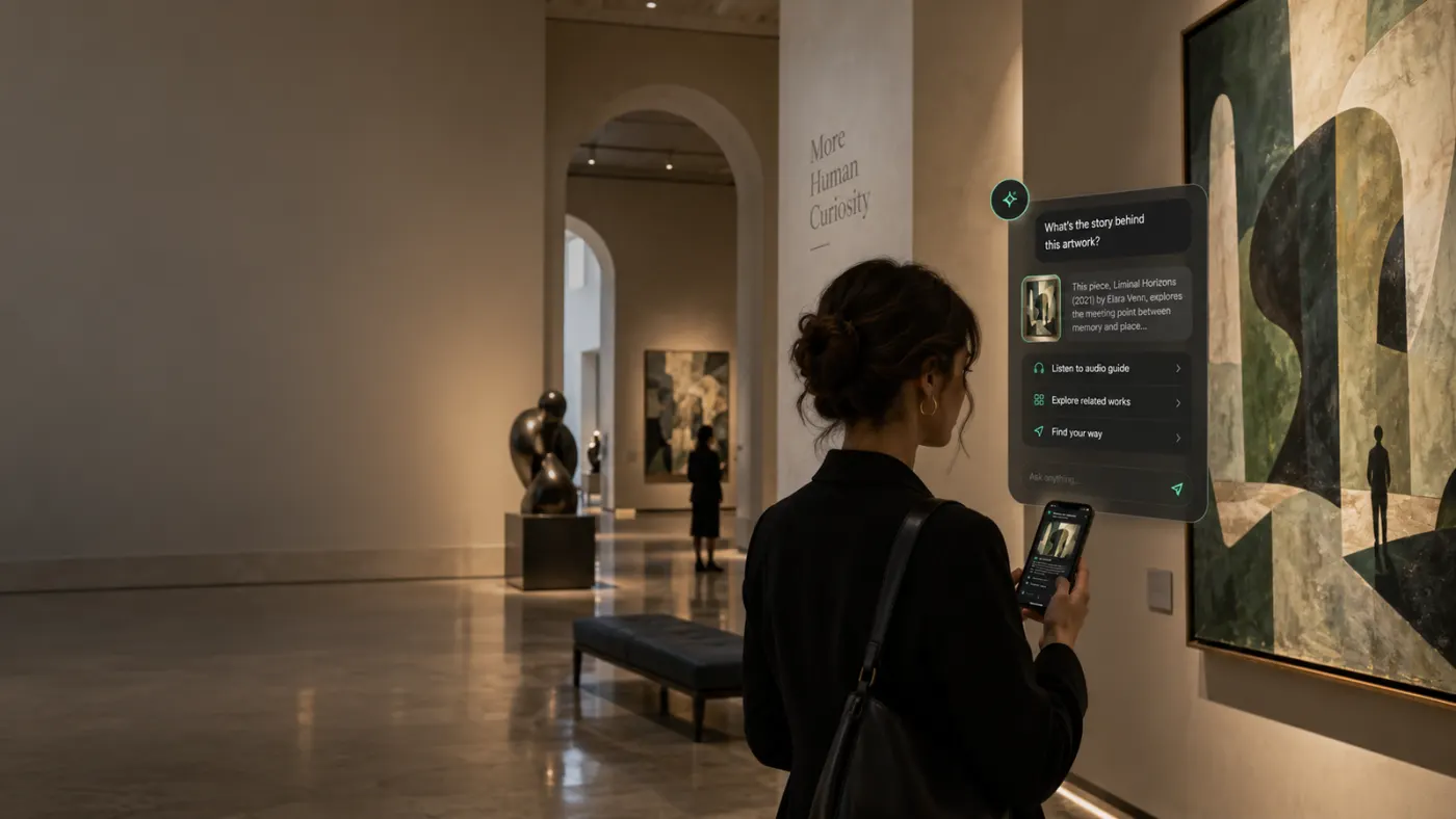 Visitor asking Allway about a painting from her phone