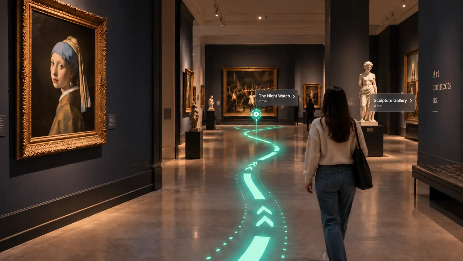 Visitor following a glowing AR path through a painting gallery