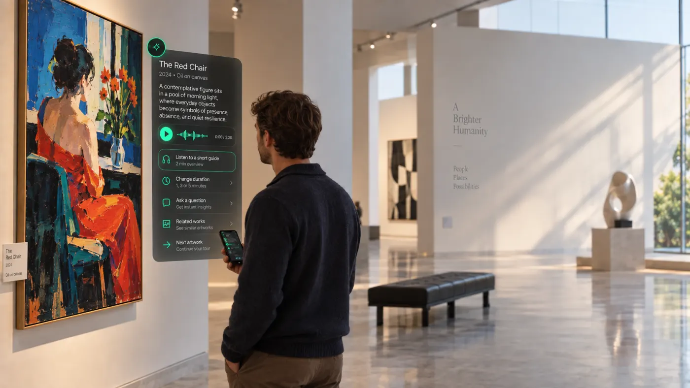 Visitor reading an AR panel next to a painting