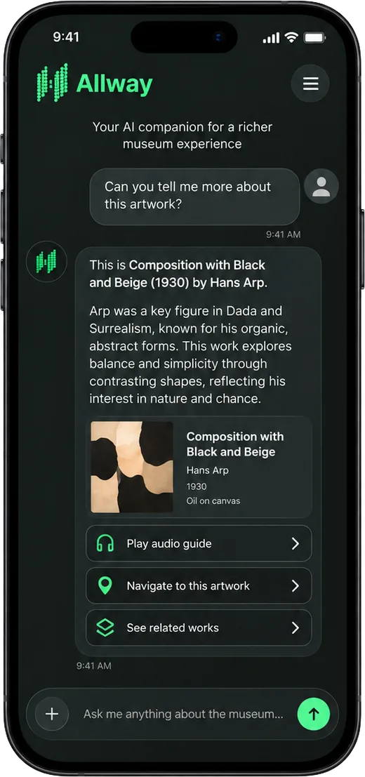 Allway AI assistant screen answering a question about an artwork