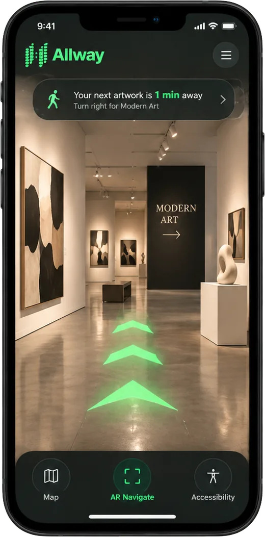 Allway AR navigation screen guiding through a gallery