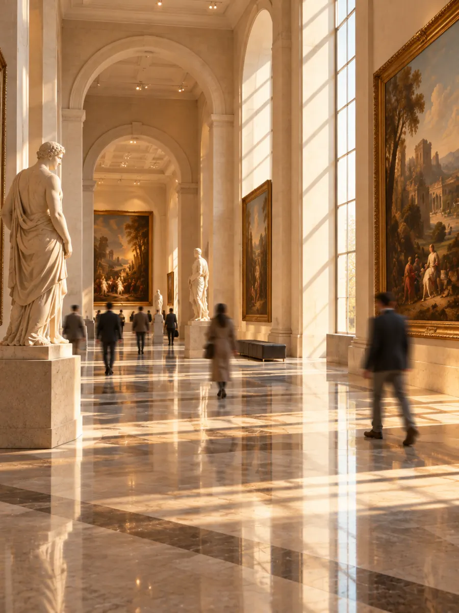 Museum rotunda with paintings and sculptures