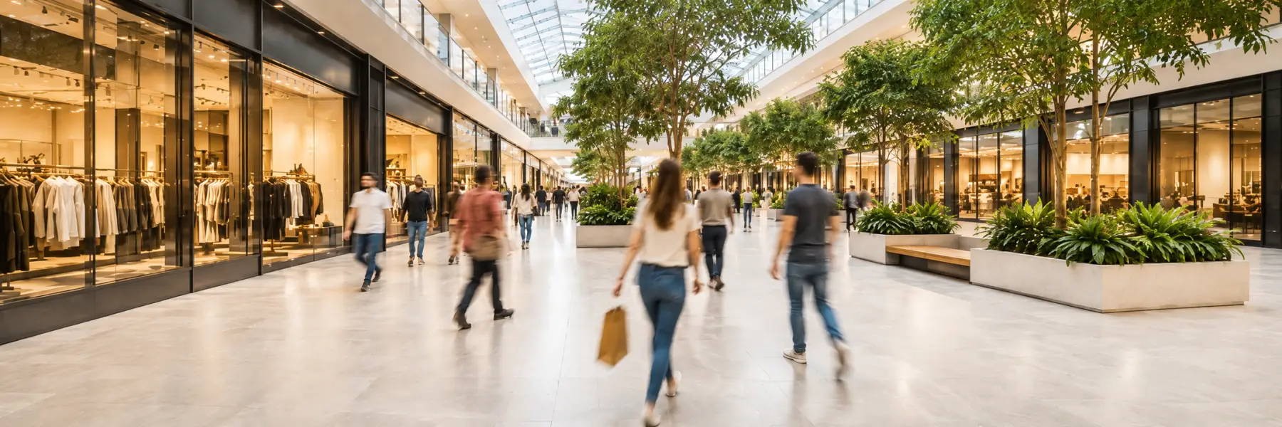 Bright shopping center corridor with shoppers