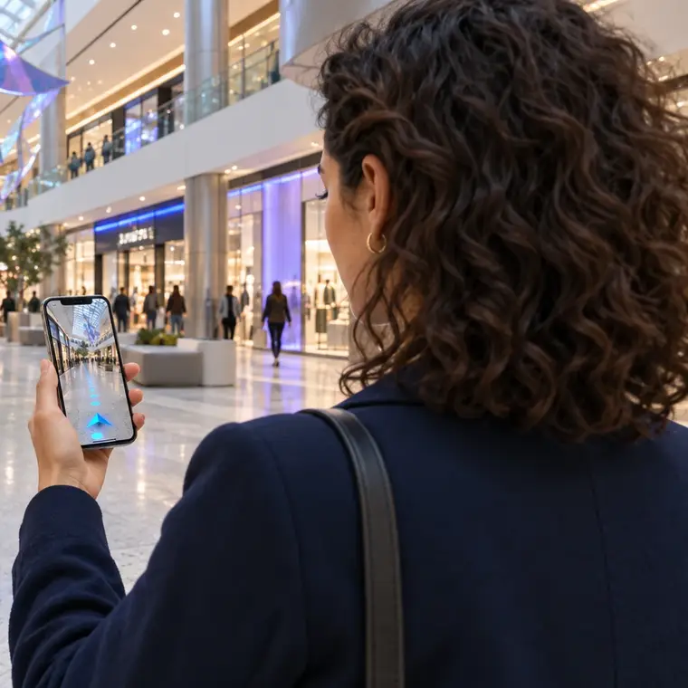 Shopper following Allway’s AR arrows on her phone and on the mall floor