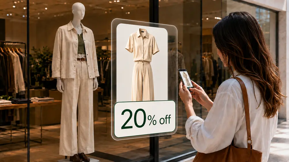 Shopper viewing an AR offer on a store window