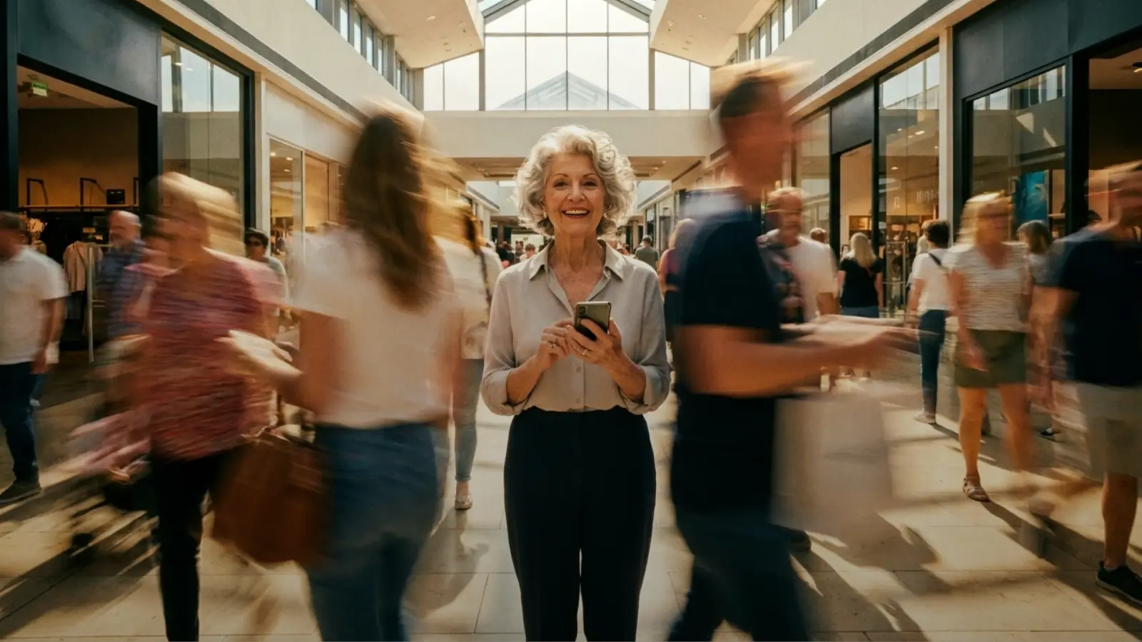 Smiling shopper checking her phone in a busy mall